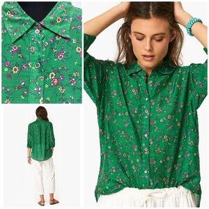VGUC XiRENA Silk Blend Beau Flower Field Green Floral Shirt Buttondown Shirt L